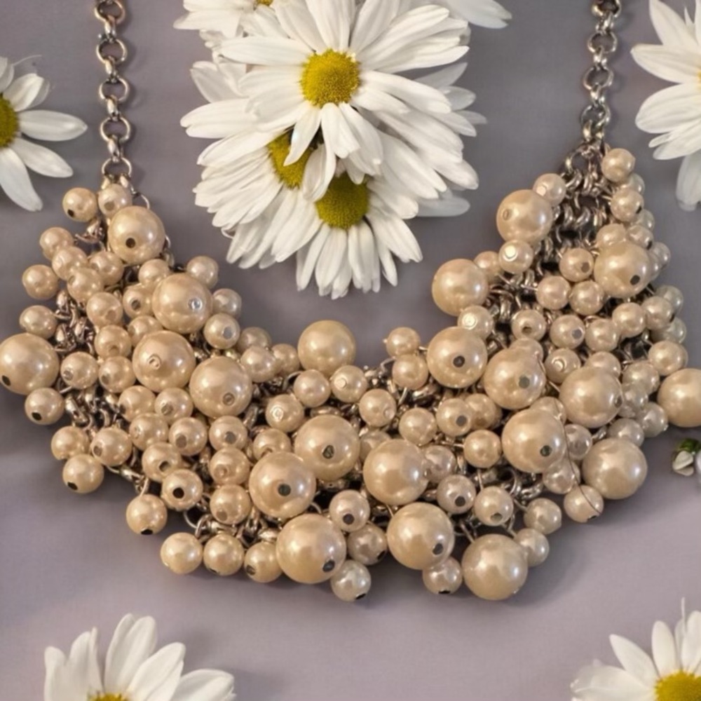 Layered Pearl Statement Necklace Silver Multi Strand Cluster Luxury Vintage